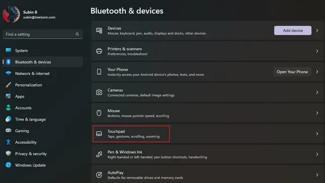 «Touchpad» در بخش «Bluetooth & devices»